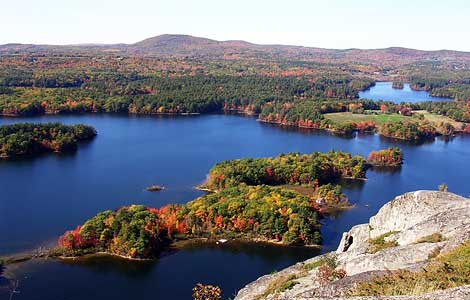 Picturesque landscape of Maine with forest surrounding a body of water